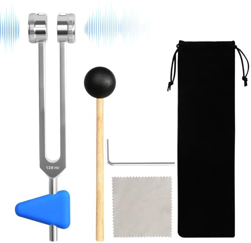 Tuning Fork 128 Hz Tuning Fork Therapy Sound Healing Therapy Tool Set with Silicone Hammer Repair Tool and Triangular Silicone Aluminum Alloy Tuning Forks for Healing and Meditation