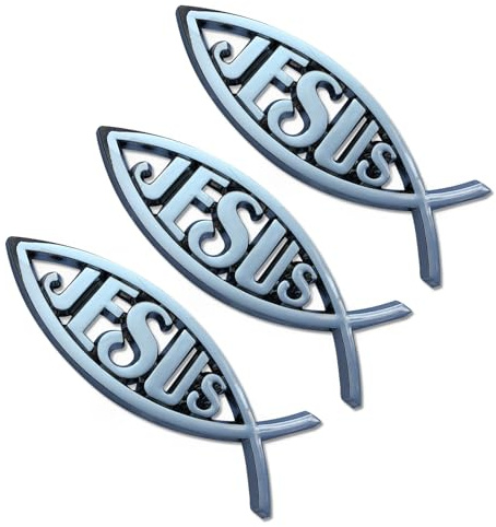 3pcs Plastic Silver Chrome Jesus Christian Fish Car Emblem Decal Sticky Back Badge & 3D Sticker for Car, Religious Symbol for Jesus