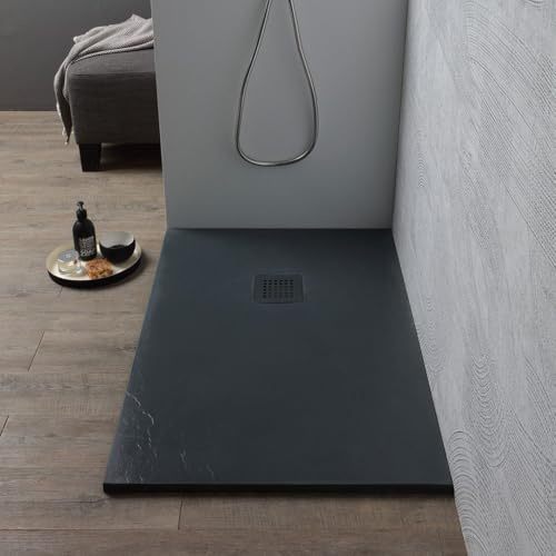 Kiamami Valentina - Piatto Doccia 160x80 Slim in Resina Grigio Antracite, Superficie Antiscivolo e Antibatterica, Tagliabile, Copri Piletta in Acciaio Incluso, Installazione Filo Pavimento o Appoggio