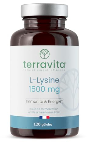 L-LYSINE 1500 mg + Vitamine C | Immunité (Herpès, Bouton de Fièvre) & Energie | 120 Gélules Vegan | Fermentation Végétale | Acide Aminé Essentiel | Sans Excipients | Made in France | Terravita