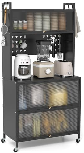 COSTWAY Credenza Alta per Cucina con 5 Ripiani e 3 Ante a Ribalta Traslucide, Mobile Cucina con Ruote e Panello a Ganci, Armadio Cucina Porta Microonde (80 x 40 x 160 cm,Nero)
