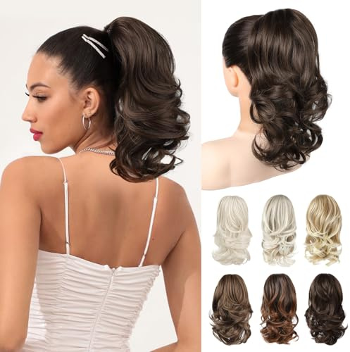 REECHO Ponytail Extensions, 14 Claw Clip in Ponytail Hair Extensions Curly Wavy Clip in Ponytail Natural Synthetic Fake Pony Tail Hair Pieces for Women