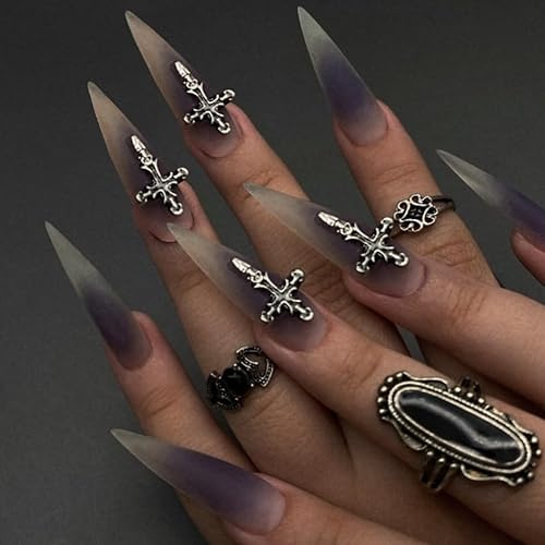 MouyouGlow Press on Nails Lang,Stiletto Halloween Schwarz Ombre Weiß 3D Chrome Cross Y2K Coquette Gothic Fake Nails,Black Gradient White Künstliche Fingernägel