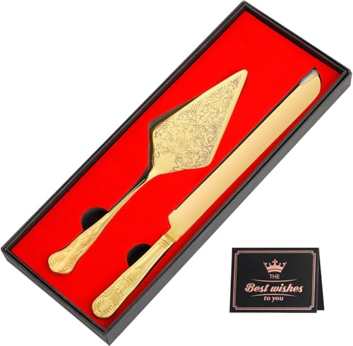 Wedding Cake Server Set and Knife, Stainless Steel Cake Cutting Set with Engraved Plating Pattern, Elegant Design, Perfect for Engagement, Anniversary, Birthday, Party, Prom