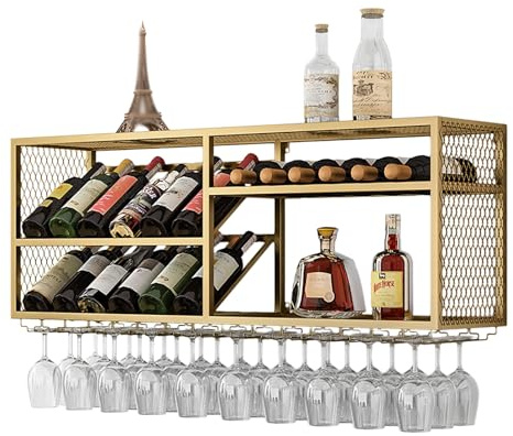 Qxgylz Porte-Bouteille Mural Industriel, Étagère De Rangement pour Vin, Casier À Bouteilles en Fer, Étagère De Rangement, pour Cave À Vin Bar Maison Cuisine(Gold,100x45x30cm)