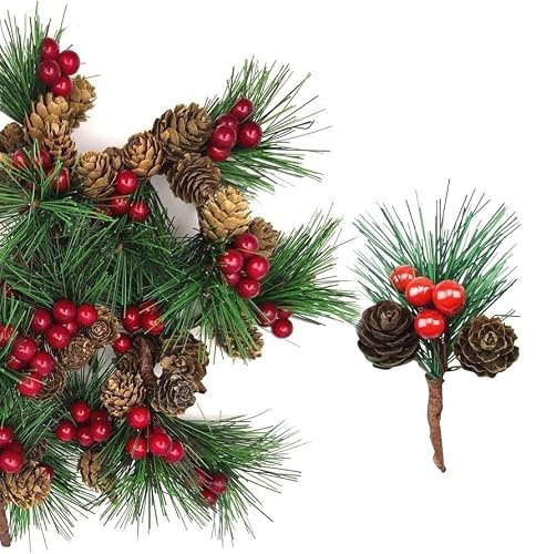 DSLIHA 10 Pcs Fake Christmas Sprigs Artificial Pine Picks with Red Berries Pine Cones, Holly Berry Stems Decor, Xmas Foliage Decor Bouquets for Diy Gift Floral Arrangements