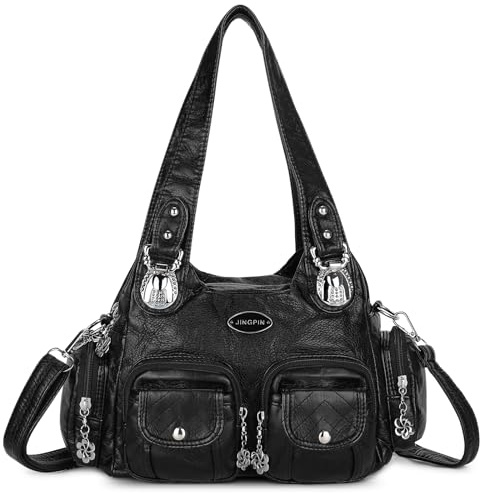 VINBAGGE Damen Handtasche Große Schultertasche PU Leder Henkeltasche Frauen Weiches Hobo Tasche Umhängetasche für Reisen Schule Shopping Mädchen,K-Schwarz