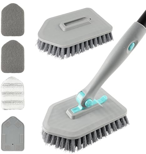 4 in 1 Floor Scrubbing Brush, Scrub Brush with Long Handle Hard Bristle Shower Scrubber Bathroom Cleaning Brush for Bathroom Kitchen Toilet Wall Bathtub Ceramic Tile Floor