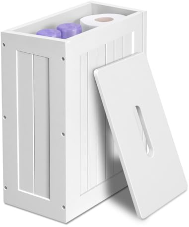 Toilet Paper Cabinet, White Wooden Slimline Shaker Unit, Bathroom Roll Paper Holder for Bathroom, Toilet Roll Storage Tidy Box with Lid, Paper Storage Cabinet Easy to Assemble, 35H x 27W x 14D cm