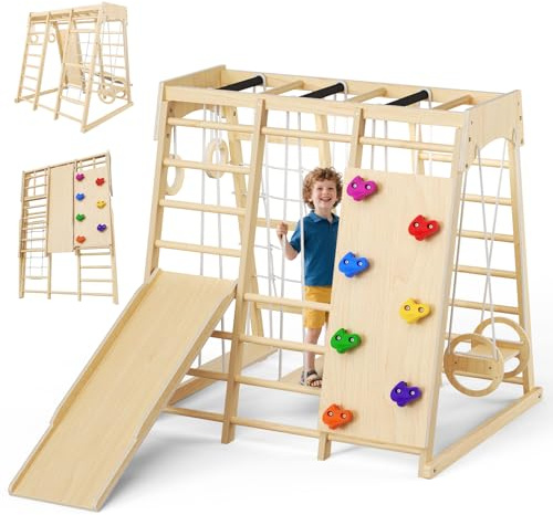 Montessori - Telaio da arrampicata per interni, 9 in 1 per bambini, set da arrampicata in legno con scivolo, altalena, scaletta da arrampicata, rete da arrampicata