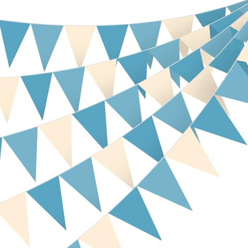 Pasimy 98.42 ft 120 Pieces Dusty Blue Party Pennant Banner Flags Decor Blue Beige String Bunting Triangle Flags for Baby Shower Sea Nautical Birthday Party Decorations Supplies
