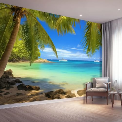 Mural Fotográfico 3D - Estilo Tropical Cocoteros Playas Pintura de pared de lujo para interiores de sala de estar, Azul Póster decorativo ecológico para el hogar 250 x 175 cm