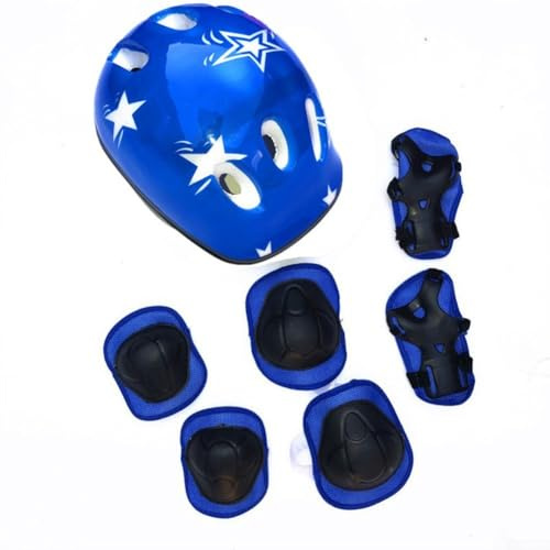 Juego de casco y rodilleras 7 en 1 para niños, para ciclismo, patinaje, patinaje sobre ruedas, equipo de protección ajustable para edades de 5 a 16 años (azul)