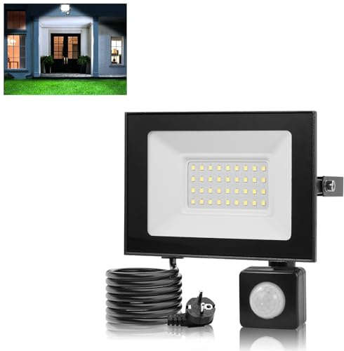 Bellanny 30W LED Strahler mit Bewegungsmelder Außen, 3000LM 6500K Kaltweiß Superhell Fluter Scheinwerfer Wandstrahler | IP66 Wasserdicht Aussenlampe Wandleuchte Innen für Garten Hof Garage Veranda
