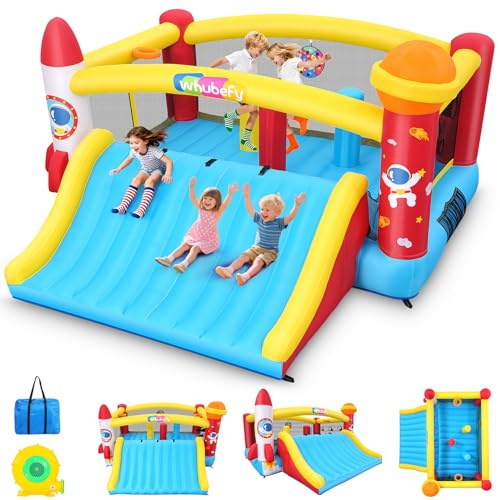 AKEYDIY Château Gonflable amélioré pour Enfants de 4,1 x 4,1 m avec Toboggan Plus Grand, Zone de Saut Gonflable avec Surface de Saut, Mur d'escalade, Jeu de Basket-Ball, matériau renforcé, pour 3 à 5