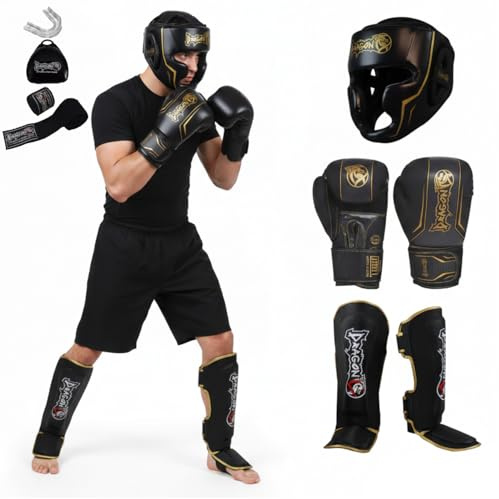 Dragon Do Legacy Box-Set 5-teilig Profi Boxhandschuhe Schienbeinschoner Full-Face Kopfschutz 3.5M Bandagen Zahnschutz Premium MMA Muay Thai Kickboxen Equipment Set (8 Oz Set JR(XS))