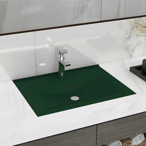 Lavabo rettangolare 60 x 46 cm, colore verde scuro opaco, con foro per rubinetto, in ceramica, per bagno, lavandino da incasso o da appendere