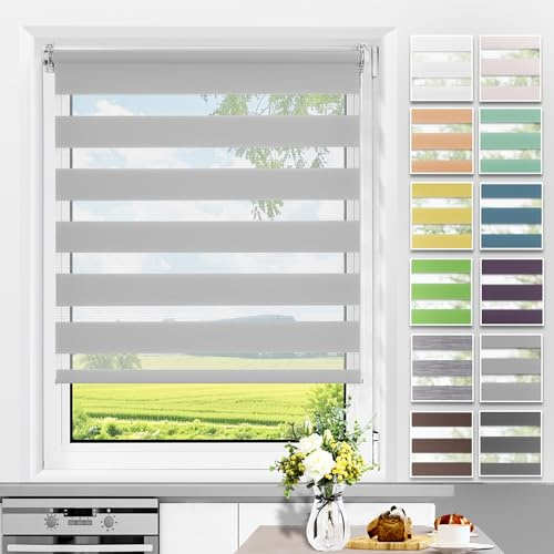 Allesin Doppelrollo Klemmfix ohne Bohren & mit Bohren, Duo Rollos für Fenster und Tür, Klemmrollo Fensterrollo lichtdurchlässig, Sichtschutz und Sonnenschutz, 40x100cm (BxH), Grau