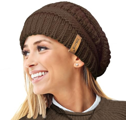 TOSKATOK Ladies Warm Slouch Knit Winter Beanie Hat with Supersoft Velour Thermal Lining ski Cap-Chocolate