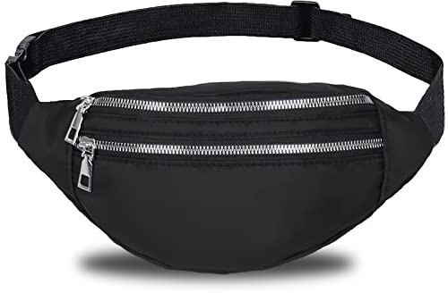 Black Bum Bag Fashion Waist Pack Bumbag for Women Men Lightweight Fanny Pack with 2 Zip Pockets & Adjustable Strap, Large Belt Bag for Dog Walking Running Hiking Jogging