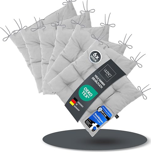 LILENO HOME 6er Set Stuhlkissen 30 Hellgrau (40x40x6 cm) - Sitzkissen für | Garten, Küche oder Esszimmer - UV-beständige indoor u. outdoor Stuhlauflage als Stuhl-Kissen (Linda FUM)