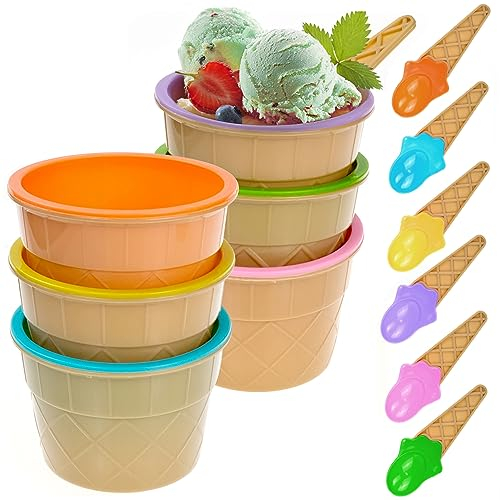 Copa de helado de 6 piezas con cucharas, Lindo juego de tazones de postre, coloridos tazones de helado Juego de tazas de helado para niños para Comida, Fruta, Familia, Camping（6 colores ）