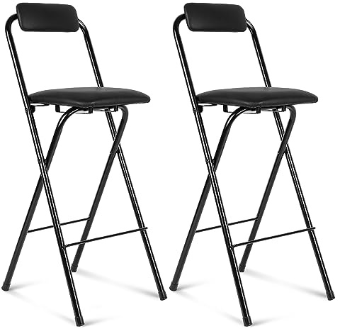 Thyle 2 Pcs Folding Bar Stool with Backrest, Tall Foldable Stool Chair Portable High Folding Bar Chair Counter Height Seat Leather Padded for Kitchen Island Shop Cafe Dining Room Black (27.5 Inch)