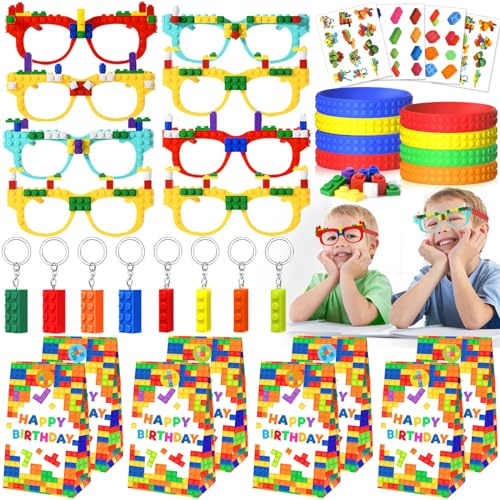 G.C Bausteine Mitgebsel Kindergeburtstag mit Bausteine Party Brillen | Schlüsselanhänger Silikon Armband Mitgebsel Tüten Give Aways Kindergeburtstag Pinata Füllung für Junge Mädchen