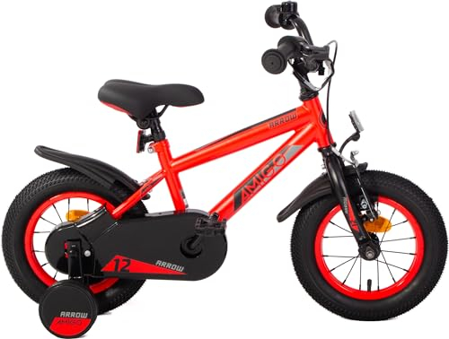 AMIGO Arrow - Kinderfahrrad Jungen - 12 Zoll - Mit Rucktrittbremse und V-Brake und Stützräder - ab 3-4 Jahr - Rot/Schwarz