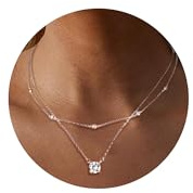ALEXCRAFT 925 Sterling Silver Necklace for Women Lady, Hypoallergenic Sterling Silver Adjustable Necklace Double Layering Stackable Layered Chains with Zirconia Circle Diamond Pendant Charm