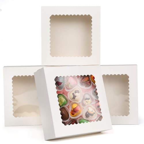 GXFCING 24 stycken vit tårtkartong med fönster, 20,4 x 20,4 x 6,4 cm kaklåda bakverk kartong presentförpackning, kex muffin tårtor praliner makaron donut cupcake lådor transportlåda