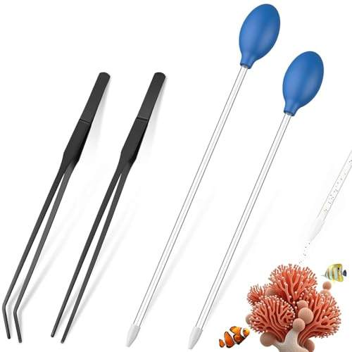 NEKOSUKI 4 in 1 Aquarium Coral Feeder Kit, 2PCS Coral SPS HPS Coral Feeder with 2PCS Tweezers, Long Arcylic Marine Reef Aquarium Syringe Liquid Fertilizer HPS Tube for Reef/Anemones/Eels/Lionfish