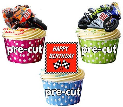 AK Giftshop Happy Birthday Moto GP Mix 12 Edible Wafer Cup Cake Toppers Decorations
