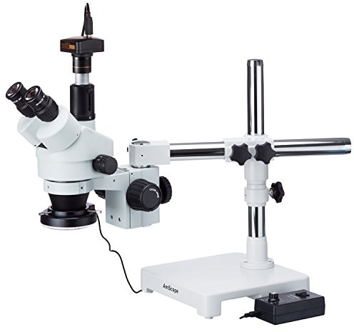 AmScope 3.5X-45X Boom Stand Trinocular Zoom Stereo Microscope + 144 LED Light + 10MP USB2.0 Camera