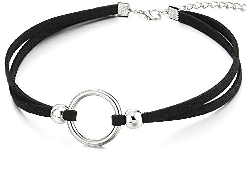 COOLSTEELANDBEYOND Choker Halsketten Schwarz Halskette für Damen Mädchen mit Offenes Kreis Charm und Wulst Anhänger
