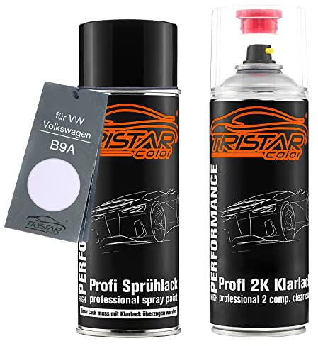TRISTARcolor Autolack Set Spraydose für VW/Volkswagen B9A Candyweiss +2K | Branco Cristal, Set aus Basislack + 2K Klarlack, Sprühdosen 400ml