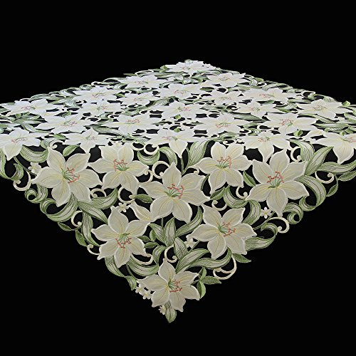 Quinnyshop Weiße Lilie Stickerei Tischdecke Mitteldecke ca. 85 x 85 cm Eckig Polyester, Weiß Grün