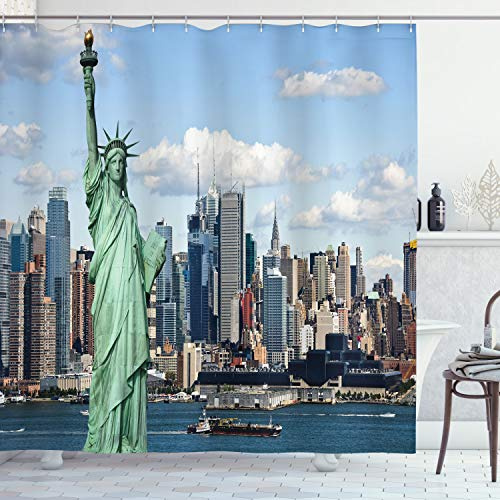 ABAKUHAUS Hafen Duschvorhang, Statue von Liberty NYC, mit 12 Ringe Set Stielvoll Modern, 175x200 cm, Mint Blau