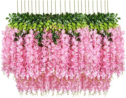 Pauwer 24 Stück Künstliche Blumen Fake Glyziniengirlande Blumengirlande Hängende Blauregen Seidenblumen für Heimdekoration Hochzeiten Hause Garten Party (Rosa)