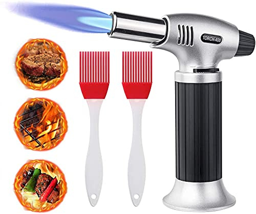 flintronic Blå, kök, påfyllningsbar butangaständare med säkerhetslås, justerbar flamma med 2 borstar för matlagning, grill, bakverk, lödning (butangas ingår inte) Silver-1