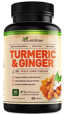 Nature's Base Turmeric and Ginger Supplement - with Curcumin, Apple Cider Vinegar & BioPerine Black Pepper Extract - 95% Curcuminoids - 60 Capsules