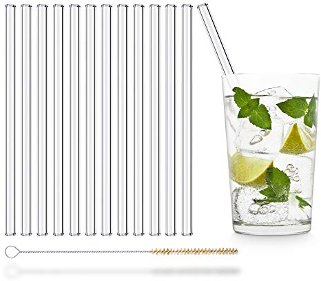 UMI Glasstrohhalme Wiederverwendbar 12 Stück gerade 20 cm inkl. Reinigungsbürste Glas Strohhalme Made in Germany Spülmaschinenfest Trinkhalm Glastrinkhalme Glasstrohalme für Gin Tonic Gläser
