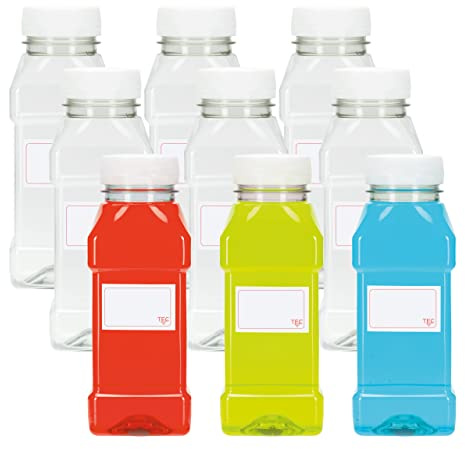 TEC Saftflaschen 250 ml mit Deckel, Kunststoff, leer, transparent, klein, quadratisch, Sport-Wasserflasche, PET-Mini-Kühlschrank-Getränkebehälter für Milch, Multipack, Großpackung
