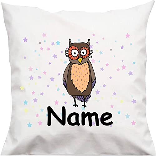 Kuschelkissen Tiermotiv Eule mit Wunschnamen, Kinderzimmer Kuscheln, Kopfkissen Dekokissen mit Füllung, Größe 40X40cm, Farbe weiß