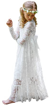 Aibaowedding Kinder Boho Spitzenkleid Prinzessinnenkleid mit Binde Gürtel Mädchen Chic A-Linie Lang Blumenmädchenkleider Brautjungfernkleid(Weiß,8)