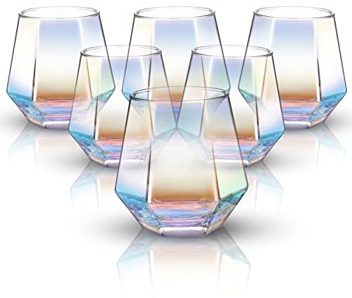 NiHome Lot de 6 verres à vin sans pied en cristal coloré irisé pour vin rouge et blanc, cocktails, whisky, cadeau pour homme et femme 295 ml