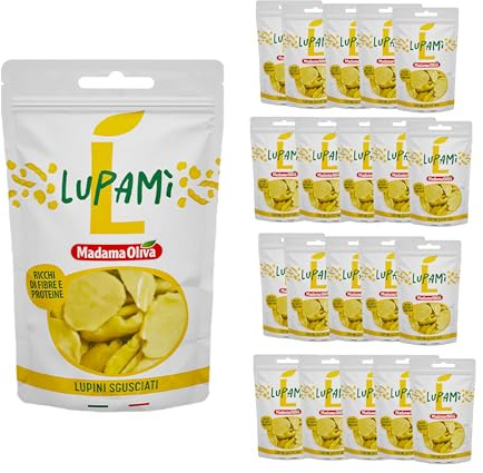 MADAMA OLIVA, Lupini Sgusciati, Gustosi Snack Ideali per Accompagnare Insalate, Riso e Zuppe, Ricca Fonte di Proteine, Basso Contenuto di Grassi, Made in Italy, 20 Buste Doypack 60 gr