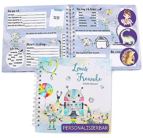 Feenstaub Freundebuch Grundschule, personalisiert, Schulfreundebuch, Freundschaftsbuch Schule, Freundealbum Roboter Erinnerungsalbum für Schulkinder, Geschenk Einschulung