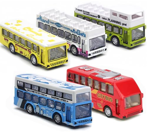 KIDAMI Die Cast Metal Toy Cars Buses Set, 1:64 Scale Double Decker City Bus Vehicles, Pull Back Cars with Openable Doors for Toddlers Boys Girls Birthday Gift