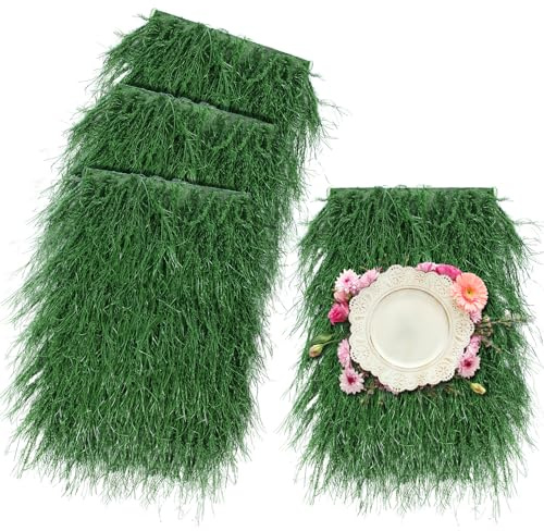 XLX TURF 11 x 17 Shaggy Fake Grass Table Placemats for Hawaiian Party Summer Decor, Fireproof Green Thatch Palm for Wedding, Jungle Safari Wild One Birthday, Baby Shower